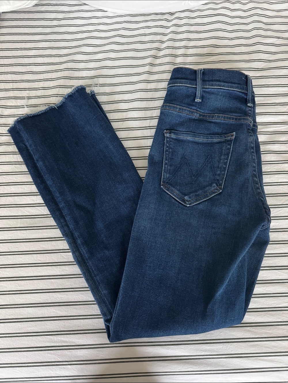 Mother Hustler Ankle Fray Dark Blue High-Rise Stretch Jeans